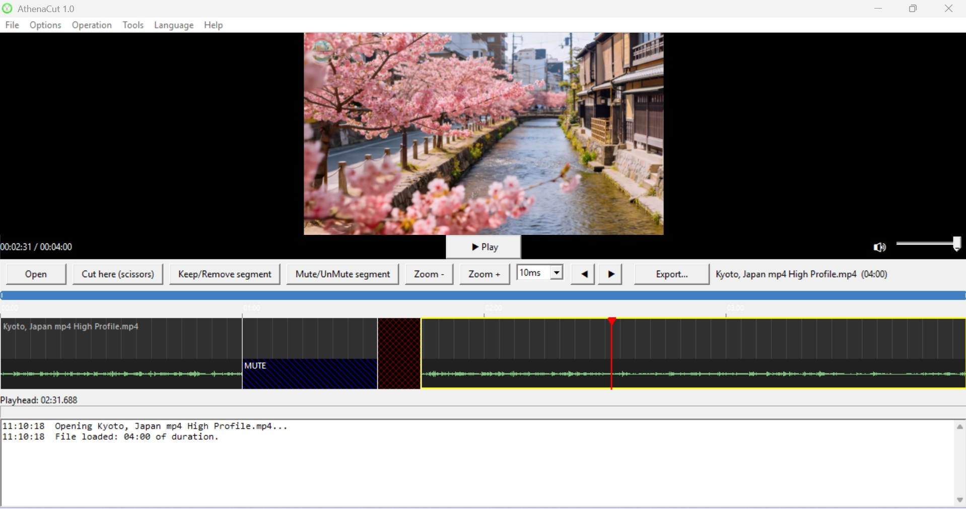 AthenaCut 1.0 window showing the visual timeline with a muted segment, a removed segment and the scissors, mute and export tools