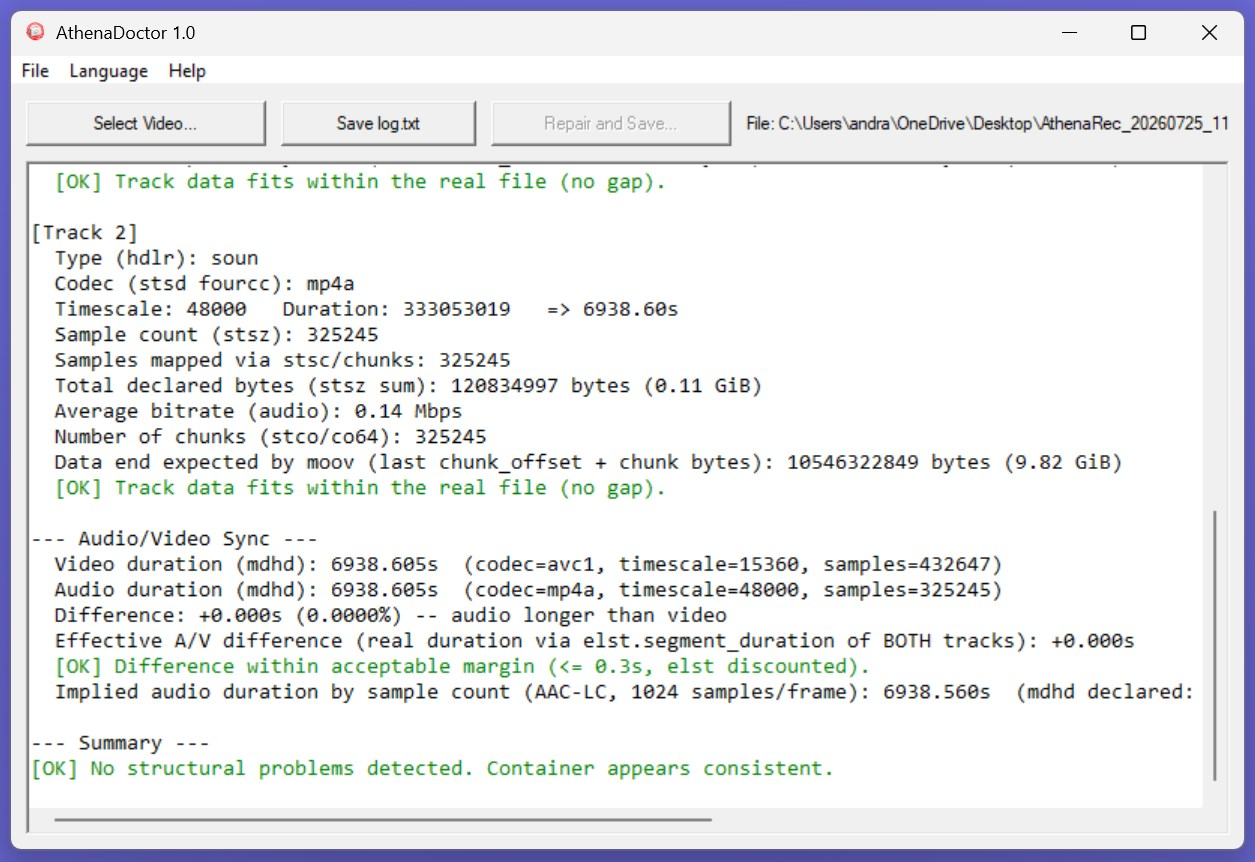 AthenaDoctor report showing track details and the Audio/Video Sync check, with an [OK] no structural problems detected summary